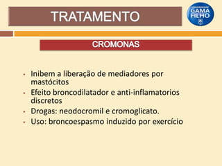 






Inibem a liberação de mediadores por
mastócitos
Efeito broncodilatador e anti-inflamatorios
discretos
Drogas: neodocromil e cromoglicato.
Uso: broncoespasmo induzido por exercício

 