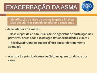 Identificação de risco de evolução quase fatal ou
fatal em crianças com idade inferior a cinco anos
- Idade inferior a 12 meses
- Doses repetidas e não usuais de β2-agonistas de curta ação nas
primeiras horas após a instalação das anormalidades clínicas
- Recidiva abrupta do quadro clínico apesar de tratamento
adequado


A asfixia é a principal causa de óbito na quase totalidade dos
casos.

 