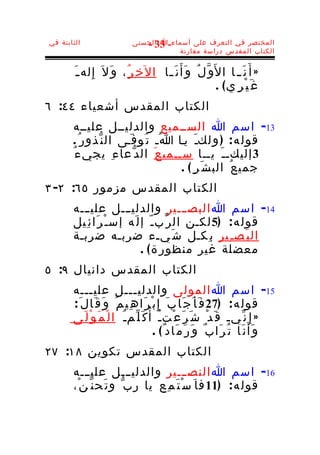 ‫الثابتة في‬                    ‫المختصر في التعرف على أسماء-ا الحسنى‬
                                 ‫33 -‬
                                         ‫الكتاب المقدس دراسة مقارنة‬


        ‫» أ َ ن َ ـ ا ا ل َو ّ ل ُ و َأَ ن َ ـا ال خ ِ ر ُ ، و َ ل َ إِ له ـ َ‬
                                        ‫ـ‬
                                                             ‫غ َ ي ْ ر ِ ي( .‬
‫الكتاب المقدس أشعياء ٤٤: ٦‬
       ‫31- اسم ا الســميع والدليــل عليــه‬
       ‫قول ه : ) و لكـ َ يـا ا ُـ ت ُو ف َـى ال ن ّذور ُ .‬
       ‫3 إليكـ ـ َ يــا ســمي ع َ ال د ّعا ء ِ يجي ء ُ‬
                                      ‫جمي ع ُ الب ش َر ِ ( .‬
‫الكتاب المقدس مزمور ٥٦: ٢- ٣‬
       ‫41- اسم ا البصـــير والدليـــل علي ـــه‬
       ‫قول ه : )5 لكـن ال ر ّب ـ ّ إ ل َه إس ـ ْ ر َا ئ ِيل‬
       ‫ال ب َص ـ ِير ب ِكـل ش َيـء ضربـه ضربـة‬
                              ‫معضلة غير منظور ة ( .‬
‫الكتاب المقدس دانيال ٩: ٥‬
       ‫51- اسم ا المولى والدليـــل عليـــه‬
       ‫قول ه : )72 ف َ أ َ ج َا ب َ إ ِ ب ْ ر َا ه ِي م ُ و َ ق َال َ :‬
       ‫» إ ِ ن ّيـ ق َ د ْ ش َ ر َ ع ْت ـ ُ أ ُ ك َ ل ّم ـ ُ ا ل ْ م َ و ْ ل َى‬
                                          ‫و َأ َ ن َا ت ُ ر َا ب ٌ و َ ر َ م َاد ٌ ( .‬
‫الكتاب المقدس تكوين ٨١: ٧٢‬
       ‫61- اسم ا النصـــير والدليـــل علي ـــه‬
       ‫قول ه : )11 ف ا َ س ْ ت َ م ِع يا رب ّ و ت َح ن ّ ن ْ،‬
 