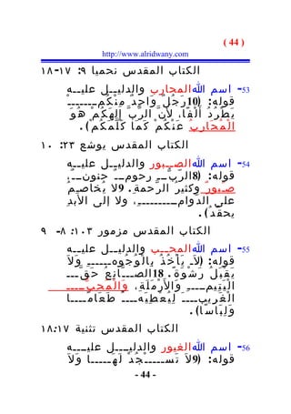 ‫) 44 (‬
                   ‫‪http://www.alridwany.com‬‬

‫الكتاب المقدس نحميا ٩: ٧١- ٨١‬
    ‫35- اسم ا المحارب والدلي ــل علي ــه‬
            ‫ـ‬              ‫ـ‬
    ‫قول ه : )01 ر َ ج ُ ل ٌ و َا ح ِ د ٌ م ِ ن ْ ك ُمـــــــ ـ ْ‬
       ‫ي َ ط ْ ر ُ د ُ أ َ ل ْف ًا، ل َن ّ ال ر ّب ّ إِ ل ه َ ك ُ م ْ ه ُ و َ‬
             ‫ا ل ْ م ُ ح َا ر ِ ب ُ ع َ ن ْ ك ُ م ْ ك َ م َا ك َ ل ّ م َ ك ُم ْ ( .‬
‫الكتاب المقدس يوشع ٣٢: ٠١‬
     ‫45- اسم ا الص ــبور والدلي ــل علي ــه‬
           ‫ـ‬      ‫ـ‬                ‫ـ‬
     ‫قول ه : )8 ال ر ّ ب ّـــ رحومــ ـ ٌ حنونــ ـ ٌ،‬
     ‫صـَبو ر ٌ وكثي ر ُ ال ر ّحمة ِ . 9 ل ي ُخاصـِ م ُ‬
    ‫على ال د ّوامـــــــــ ـ ِ، ول إلى الب د ِ‬
                                            ‫يح ق ُد ُ( .‬
‫الكتاب المقدس مزمور ٣٠١: ٨- ٩‬
     ‫55- اسم ا المح ــب والدلي ــل علي ــه‬
          ‫ـ‬             ‫ـ‬                        ‫ـ‬
    ‫قول ه : )ل َـ ي َ أ ْ خ ُ ذ ُ ب ِا ل ْ و ُ ج ُوهـــــ ـ ِ و َ ل َ‬
     ‫ي َ ق ْ ب َ ل ُ ر َ ش ْ و َة ً . 81 الص ــ ـ ّا ن ِ ع ُ ح َ ق ّ ـــ‬
         ‫ـ‬                     ‫ـ‬
     ‫ا ل ْ ي َ ت ِيمــــ ـ ِ و َا ل َر ْ م َ ل َ ة ِ، و َا ل ْ م ُ ح ِ ب ّـــــ‬
     ‫ا ل ْ غ َ ر ِيبـــ ـ َ ل ِ ي ُ ع ْ ط ِ ي َهـــ ـ ُ ط َ ع َا م ًــــا‬
                                                           ‫و َ ل ِ ب َا س ً ا( .‬
‫الكتاب المقدس تثنية ٧١:٨١‬
    ‫65- اسم ا الغيور والدليــــل عليــــه‬
    ‫قول ه : )9 ل َ ت َس ــــ ـ ْ ج ُ د ْ ل َ ه َ ـــــا و َ ل َ‬
                 ‫ـ‬                        ‫ـ‬
                                 ‫- 44 -‬
 