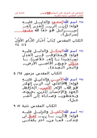 ‫الثابتة في‬                      ‫المختصر في التعرف على أسماء-ا الحسنى‬
                                   ‫55 -‬
                                           ‫الكتاب المقدس دراسة مقارنة‬


           ‫49- اسم ا المعبود والدليـــل عليـــه‬
            ‫قول ه : ) إ ِ ن ّـــ ال ر ّبــ ـ ّ ا ل ْ ق َ د ِي ر َ إ ِ ل َه ـ ـ َ‬
          ‫إ ِ ســـــ ـ ْ ر َا ئ ِي ل َ ه ُ و َ ح َ ق ّا ا م َ ع ْ ب ُو د ُ‬
                                                              ‫إ ِ س ْ ر َا ئ ِيل َ( .‬
‫الكتاب المقدس ك ِ ت َا ب ُ أَ خ ْ ب َا ر ِ ا ل َي ّا م ِ ا ل َو ّ ل ُ‬
  ‫٧١: ٤٢‬
         ‫59- اسم ا المتك ــل والدلي ــل علي ــه‬
                ‫ـ‬             ‫ـ‬                  ‫ـ‬
         ‫قول ه : )5 ب ِ م َ خ َا و ِفــ ـ َ ف ِـــي ا ل ْ ع َ د ْ ل ِ‬
            ‫ت َســ ْ ت َ ج ِي ب ُ ن َا ي َــا إ ِ لهــ َ خ َ ل َص ـ ِ ن َا، ي َــا‬
           ‫م ُ ت ّ ك َ ل َ ج َ م ِيع ـ ـ ِ أ َ ق َاص ـ ـ ِي ا ل َر ْض ـ ـ ِ‬
                                          ‫و َا ل ْ ب َ ح ْ ر ِ ا ل ْ ب َ ع ِي د َة ِ ( .‬
‫الكتاب المقدس مزمور ٥٦: ٥‬
         ‫69- اسم ا الميـــن والدليـــل عليـــه‬
              ‫قول ه : )9 ف َا ع ْ ل َم ـ ْ أ َ ن ّـ ال ر ّ ب ّـ إ ِ ل ه َك ـ َ‬
         ‫ه ُ و َ ا ُـ، ا لِ له ـ ُ ا ل َم ِين ـ ُ ، ا ل ْ ح َا ف ِظ ـ ُ‬
           ‫ا ل ْ ع َ ه ْ د َ و َا لِ ح ْسـَا ن َ ل ِ ل ّ ذ ِينـ ي ُ ح ِ ب ّو ن َهـ‬
           ‫ُ‬                     ‫َ‬
             ‫ل ْفــ ِ‬   ‫و َ ي َ ح ْ ف َ ظ ُونــ َ و َصــ َا ي َا ه ُ إِ ل َى أَ‬
                                                                      ‫ج ِي ل( .‬
‫الكتاب المقدس تثنية ٧: ٩‬
         ‫79- اسم ا الكفي ــل والدلي ــل علي ــه‬
           ‫ـ‬            ‫ـ‬              ‫ـ‬
         ‫قول ه : )3 ك ُن ـ ـ ْ ي ـــا ر ب ّ ـــ كفي ل ً لي‬
         ‫ع ِن د َكــ َ، ف َمــا م ِنــ ْ أح د ٍ يك ف َ ل ُنــي‬
 