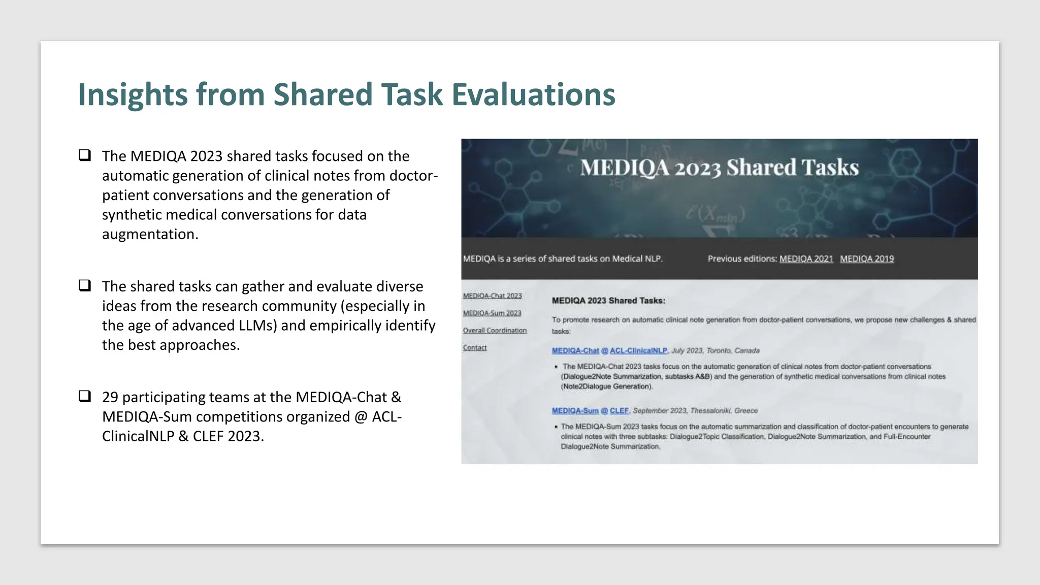  The MEDIQA 2023 shared tasks focused on the
automatic generation of clinical notes from doctor-
patient conversations and the generation of
synthetic medical conversations for data
augmentation.
 The shared tasks can gather and evaluate diverse
ideas from the research community (especially in
the age of advanced LLMs) and empirically identify
the best approaches.
 29 participating teams at the MEDIQA-Chat &
MEDIQA-Sum competitions organized @ ACL-
ClinicalNLP & CLEF 2023.
Insights from Shared Task Evaluations
 