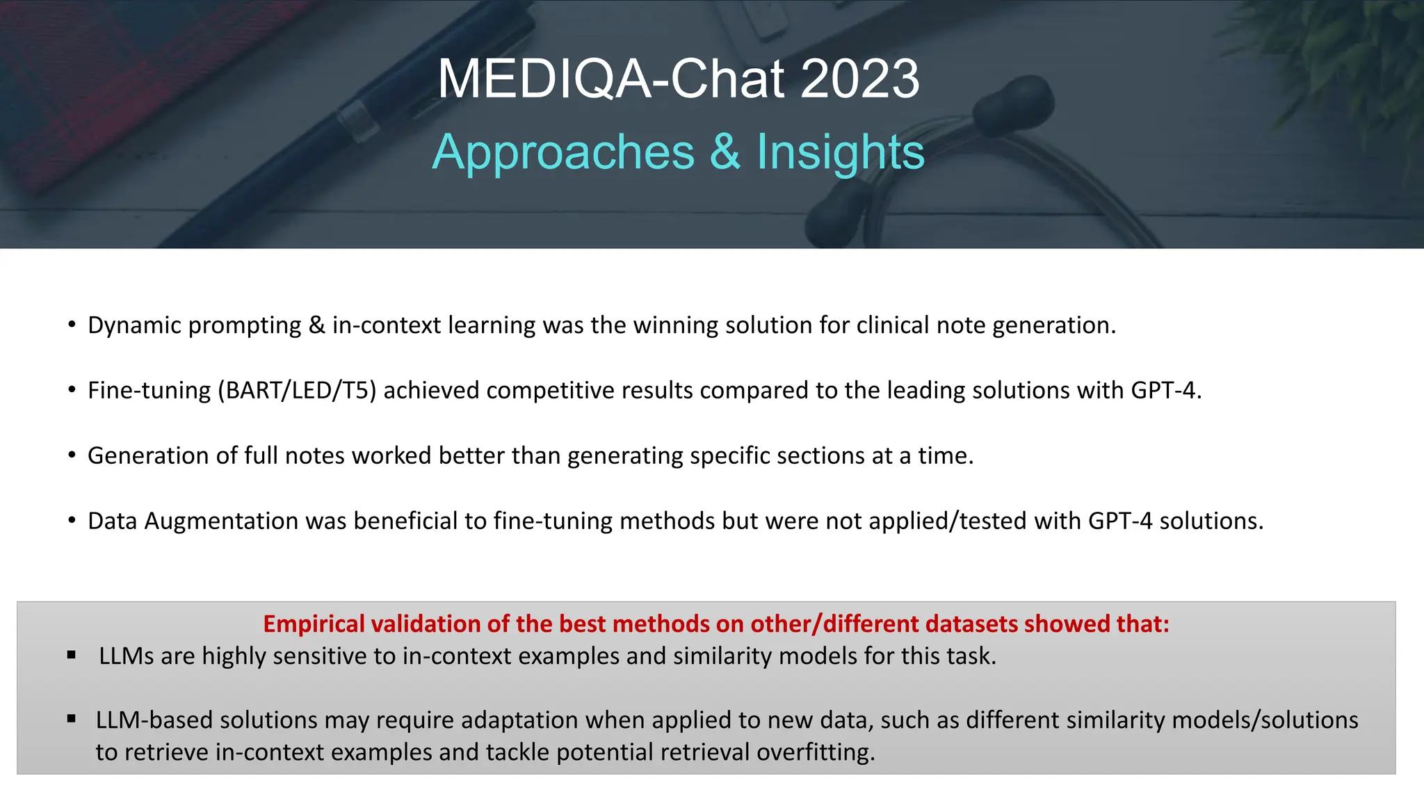 MEDIQA-Chat 2023
Approaches & Insights
• Dynamic prompting & in-context learning was the winning solution for clinical note generation.
• Fine-tuning (BART/LED/T5) achieved competitive results compared to the leading solutions with GPT-4.
• Generation of full notes worked better than generating specific sections at a time.
• Data Augmentation was beneficial to fine-tuning methods but were not applied/tested with GPT-4 solutions.
Empirical validation of the best methods on other/different datasets showed that:
 LLMs are highly sensitive to in-context examples and similarity models for this task.
 LLM-based solutions may require adaptation when applied to new data, such as different similarity models/solutions
to retrieve in-context examples and tackle potential retrieval overfitting.
 