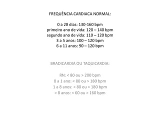 FREQUÊNCIA CARDIACA NORMAL:

     0 a 28 dias: 130-160 bpm
primeiro ano de vida: 120 – 140 bpm
segundo ano de vida: 110 – 120 bpm
     3 a 5 anos: 100 – 120 bpm
     6 a 11 anos: 90 – 120 bpm


 BRADICARDIA OU TAQUICARDIA:

       RN: < 80 ou > 200 bpm
   0 a 1 ano: < 80 ou > 180 bpm
   1 a 8 anos: < 80 ou > 180 bpm
    > 8 anos: < 60 ou > 160 bpm
 