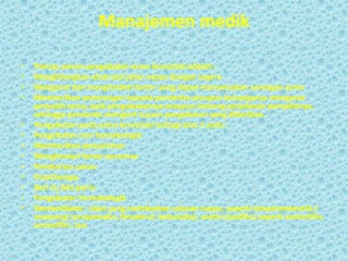 Manajemen medik
•
•
•
•
•
•
•
•
•
•
•
•
•

Prinsip umum pengobatan asma bronchial adalah :
Menghilangkan obstruksi jalan napas dengan segera
Mengenal dan menghindari factor yang dapat mencetuskan serangan asma
Memberikan penerangan kepada penderita ataupun keluarganya mengenai
penyakit asma, baik pengobatannya maupun tentang perjalanan penyakitnya,
sehingga penderita mengerti tujuan pengobatan yang diberikan.
Pengobatan pada asma bronchial terbagi atas 2 yaitu :
Pengobatan non farmakologik
Memberikan penyuluhan
Menghindari factor pencetus
Pemberian cairan
Fisiotherapy
Beri O2 bila perlu
Pengobatan farmakologik
Bronkodilator : obat yang melebarkan saluran napas, seperti simpatomimetik /
anrenergi (orsiprenalin, fenoterol, terbutalin), sentin (teofilin) seperti aminofilin,
aminofilin, teo

 