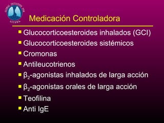Programa de Manejo y Prevención del Asma

     Medicación Controladora
 Glucocorticoesteroides inhalados (GCI)
 Glucocorticoesteroides sistémicos

 Cromonas

 Antileucotrienos

 β -agonistas inhalados de larga acción
   2

   β2-agonistas orales de larga acción
 Teofilina
 Anti IgE
 