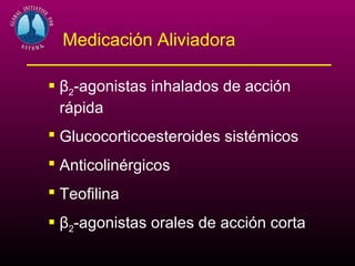 Programa de Manejo y Prevención del Asma

  Medicación Aliviadora

 β2-agonistas inhalados de acción
  rápida
 Glucocorticoesteroides sistémicos
 Anticolinérgicos
 Teofilina
 β2-agonistas orales de acción corta
 