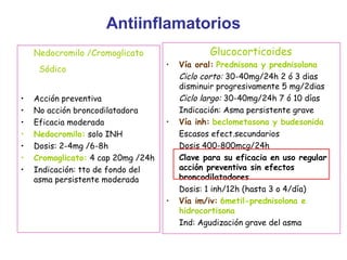 Antiinflamatorios
Nedocromilo /Cromoglicato
Sódico
• Acción preventiva
• No acción broncodilatadora
• Eficacia moderada
• Nedocromilo: solo INH
• Dosis: 2-4mg /6-8h
• Cromoglicato: 4 cap 20mg /24h
• Indicación: tto de fondo del
asma persistente moderada
Glucocorticoides
• Vía oral: Prednisona y prednisolona
Ciclo corto: 30-40mg/24h 2 ó 3 dias
disminuir progresivamente 5 mg/2dias
Ciclo largo: 30-40mg/24h 7 ó 10 días
Indicación: Asma persistente grave
• Vía inh: beclometasona y budesonida
Escasos efect.secundarios
Dosis 400-800mcg/24h
Clave para su eficacia en uso regular
acción preventiva sin efectos
broncodilatadores
Dosis: 1 inh/12h (hasta 3 o 4/día)
• Vía im/iv: 6metil-prednisolona e
hidrocortisona
Ind: Agudización grave del asma
 