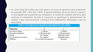 • Un score inicial de 5 indica una crisis grave y se asocia en general a otros parámetros
de gravedad (PEF <34%, SO2 <90%). Si aparece alteración de la conciencia o cianosis,
es aconsejable que el paciente sea trasladado a la unidad de cuidados intensivos para
continuar el tratamiento. Durante el transporte se garantizará la administración de
oxígeno a altas concentraciones y fármacos broncodilatadores nebulizados o por vía
subcutánea.
 