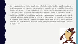 • Las respuestas inmunitarias patológicas y la inflamación también pueden deberse a
una interrupción de los procesos reguladores normales de la inmunidad (como los
linfocitos T reguladores que producen IL-10 y factor transformador del crecimiento b)
que amortiguan la inmunidad efectora y la inflamación cuando ya no son necesarias.
• La hipersensibilidad o sensibilidad a diversas exposiciones o desencadenantes puede
conducir a la inflamación, la HRB, el edema, el engrosamiento de la membrana basal,
el depósito subepitelial de colágeno, la hipertrofia del músculo liso y de las glándulas
mucosas y la hipersecreción de moco, todos ellos procesos que contribuyen a obstruir
el flujo de aire.
 