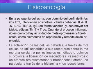 Fisiopatología
• En la patogenia del asma, con dominio del perfil de linfoc
itos Th2, intervienen eosinófilos, células cebadas, IL-4, IL
-5, IL-13, TNF-α, IgE (en forma variable) y, con mayor act
ividad, células Th17 y Treg. Cuando el proceso inflamato
rio es crónico hay actividad de metaloproteasas y fibrobl
astos, como elementos de reparación y remodelación br
onquial.
• La activación de las células cebadas, a través de mol
éculas de IgE adheridas a sus receptores sobre la me
mbrana celular, o por estímulos osmóticos o químico
s, provoca la liberación de mediadores vasoactivos c
on efectos proinflamatorios y broncoconstrictores, en
particular a través de la histamina y los leucotrienos
 