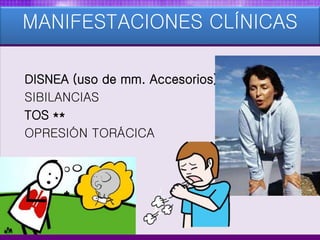 MANIFESTACIONES CLÍNICAS
DISNEA (uso de mm. Accesorios)
SIBILANCIAS
TOS **
OPRESIÓN TORÁCICA
 