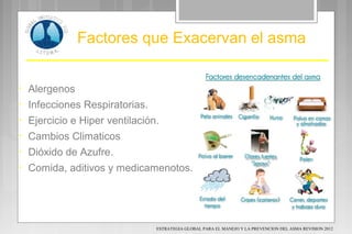 Factores que Exacervan el asma
• Alergenos
• Infecciones Respiratorias.
• Ejercicio e Hiper ventilación.
• Cambios Climaticos
• Dióxido de Azufre.
• Comida, aditivos y medicamenotos.
ESTRATEGIA GLOBAL PARA EL MANEJO Y LA PREVENCION DEL ASMA REVISION 2012
 
