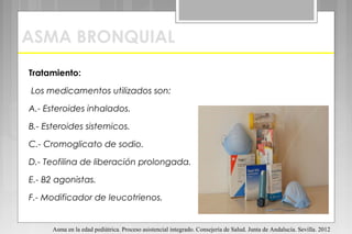 ASMA BRONQUIAL
Tratamiento:
Los medicamentos utilizados son:
A.- Esteroides inhalados.
B.- Esteroides sistemicos.
C.- Cromoglicato de sodio.
D.- Teofilina de liberación prolongada.
E.- B2 agonistas.
F.- Modificador de leucotrienos.
Asma en la edad pediátrica. Proceso asistencial integrado. Consejería de Salud. Junta de Andalucía. Sevilla. 2012
 
