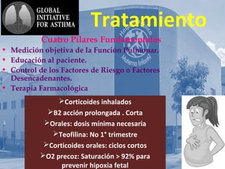 AsmA y
Tratamiento
Cuatro Pilares Fundamentales
• Medición objetiva de la Función Pulmonar.
• Educación al paciente.
• Control de los Factores de Riesgo o Factores
Desencadenantes.
• Terapia Farmacológica
Corticoides inhalados
B2 acción prolongada . Corta
Orales: dosis mínima necesaria
Teofilina: No 1° trimestre
Corticoides orales: ciclos cortos
O2 precoz: Saturación > 92% para
prevenir hipoxia fetal
 