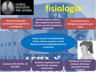 AsmA y
fisiologia
Efector hormonales
(aumento de progesterona
y estrógenos)
Aumento gasto cardiaco,
flujo sanguíneo pulmonar,
presión oncotica del plasma
disminuida
Crecimiento útero,
diafragma empujado para
arriba
Efecto vascular (vasodilatación)
Efecto sistema nervioso central
Balance de broncodilatador/bronco
constrictor
Alcalosis respiratoria con
pco2 32-34, aumento
bicarbonato
Aumento VM 20-50%, VC
(20-50%)
Disminuye el volumen
residual, disminuye
capacidad residual
funcional
 