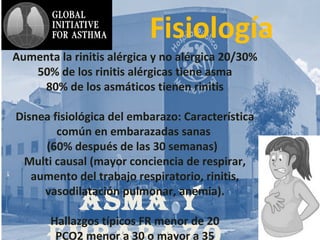 AsmA y
Fisiología
Aumenta la rinitis alérgica y no alérgica 20/30%
50% de los rinitis alérgicas tiene asma
80% de los asmáticos tienen rinitis
Disnea fisiológica del embarazo: Característica
común en embarazadas sanas
(60% después de las 30 semanas)
Multi causal (mayor conciencia de respirar,
aumento del trabajo respiratorio, rinitis,
vasodilatación pulmonar, anemia).
Hallazgos típicos FR menor de 20
PCO2 menor a 30 o mayor a 35
 