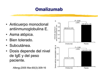 Omalizumab
• Anticuerpo monoclonal
antiinmunoglobulina E.
• Asma atópica.
• Bien tolerado.
• Subcutánea.
• Dosis depende del nivel
de IgE y del peso
paciente.
Allergy.2005 Mar;60(3):309-16

 