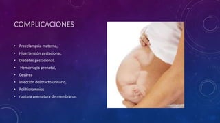 COMPLICACIONES
• Preeclampsia materna,
• Hipertensión gestacional,
• Diabetes gestacional,
• Hemorragia prenatal,
• Cesárea
• infección del tracto urinario,
• Polihidramnios
• ruptura prematura de membranas
 