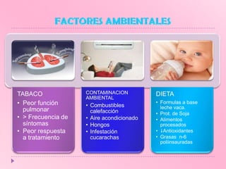 TABACO
• Peor función
pulmonar
• > Frecuencia de
síntomas
• Peor respuesta
a tratamiento

CONTAMINACION
AMBIENTAL

• Combustibles
calefacción
• Aire acondicionado
• Hongos
• Infestación
cucarachas

DIETA
• Formulas a base
leche vaca.
• Prot. de Soja
• Alimentos
procesados
• Antioxidantes
• Grasas n-6
poliinsauradas

 
