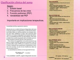 Clasificación clinica del asma
Según:
1. Estado basal
2. Frecuencia de las crisis
3. Función pulmonar (PEF)
4. Variabilidad del PEF
Importante en implicaciones terapeuticas.

 
