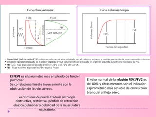 El FEV1 es el parámetro mas empleado de función
pulmonar.
Se correlaciona lineal e inversamente con la
obstrucción de las vías aéreas.
Su disminución puede traducir patología
obstructiva, restrictiva, pérdida de retracción
elástica pulmonar o debilidad de la musculatura
respiratoria.

El valor normal de la relación FEV1/FVC es
del 80%, y cifras menores son el indicador
espirométrico más sensible de obstrucción
bronquial al flujo aéreo.

 
