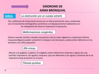 SINDROME DE
ASMA BRONQUIAL
NIÑOS:

La obstrucción por un cuerpo extraño

Tos y sibilancias de instauración brusca en un niño previamente sano, combinado
con el movimiento diafragmático asimétrico o el desplazamiento mediastínico en
las radiografías de tórax en inspiración O espiración.

Malformaciones congénitas
Sistema vascular (anillos y bandas vasculares) o de los tubos digestivo o respiratorio (fístula
traqueoesofágica) pueden comprimir la tráquea y los bronquios, produciendo sibilancias en los
lactantes y los niños pequeños.

IRA víricas
Afectan a la epiglotis, la glotis y la subglotis suelen determinar síntomas y signos de crup
(estridor inspiratorio, tos aguda y ronquera; que son diferentes a los signos y síntomas de la vía
respiratoria baja presentes en el asma.

Fibrosis quística

 