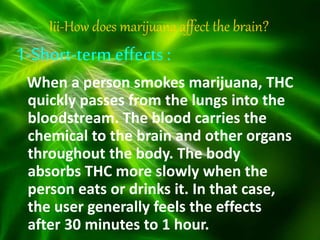 Iii-How does marijuana affect the brain?
1-Short-term effects :
When a person smokes marijuana, THC
quickly passes from the lungs into the
bloodstream. The blood carries the
chemical to the brain and other organs
throughout the body. The body
absorbs THC more slowly when the
person eats or drinks it. In that case,
the user generally feels the effects
after 30 minutes to 1 hour.
 