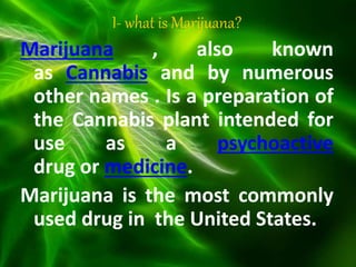 I- what is Marijuana?
Marijuana , also known
as Cannabis and by numerous
other names . Is a preparation of
the Cannabis plant intended for
use as a psychoactive
drug or medicine.
Marijuana is the most commonly
used drug in the United States.
 