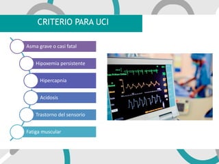 CRITERIO PARA UCI
Asma grave o casi fatal
Hipoxemia persistente
Hipercapnia
Acidosis
Trastorno del sensorio
Fatiga muscular
 