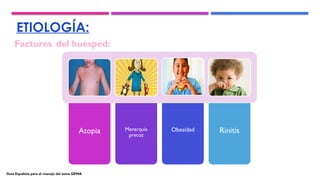 ETIOLOGÍA:
Factores del huésped:
Atopia Menarquia
precoz
Obesidad Rinitis
Guía Española para el manejo del asma GEMA
 