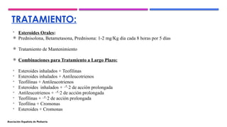 TRATAMIENTO:
• Esteroides Orales:
 Prednisolona, Betametasona, Prednisona: 1-2 mg/Kg día cada 8 horas por 5 días
 Tratamiento de Mantenimiento
 Combinaciones para Tratamiento a Largo Plazo:
• Esteroides inhalados + Teofilinas
• Esteroides inhalados + Antileucotrienos
• Teofilinas + Antileucotrienos
• Esteroides inhalados + 2 de acción prolongada
• Antileucotrienos + 2 de acción prolongada
• Teofilinas + 2 de acción prolongada
• Teofilina + Cromonas
• Esteroides + Cromonas
Asociación Española de Pediatría
 