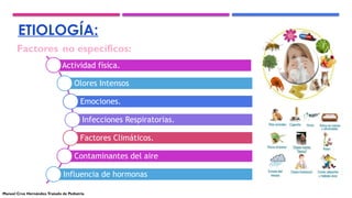 ETIOLOGÍA:
Factores no específicos:
Actividad física.
Olores Intensos
Emociones.
Infecciones Respiratorias.
Factores Climáticos.
Contaminantes del aire
Influencia de hormonas
Manuel Cruz Hernández.Tratado de Pediatría
 