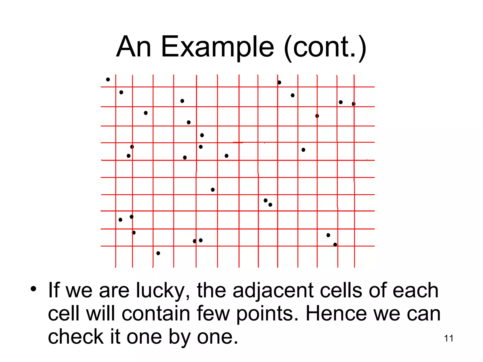11
An Example (cont.)
• If we are lucky, the adjacent cells of each
cell will contain few points. Hence we can
check it one by one.
 