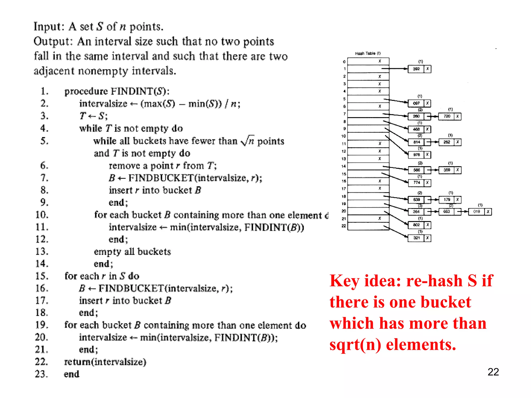 22
Key idea: re-hash S if
there is one bucket
which has more than
sqrt(n) elements.
 