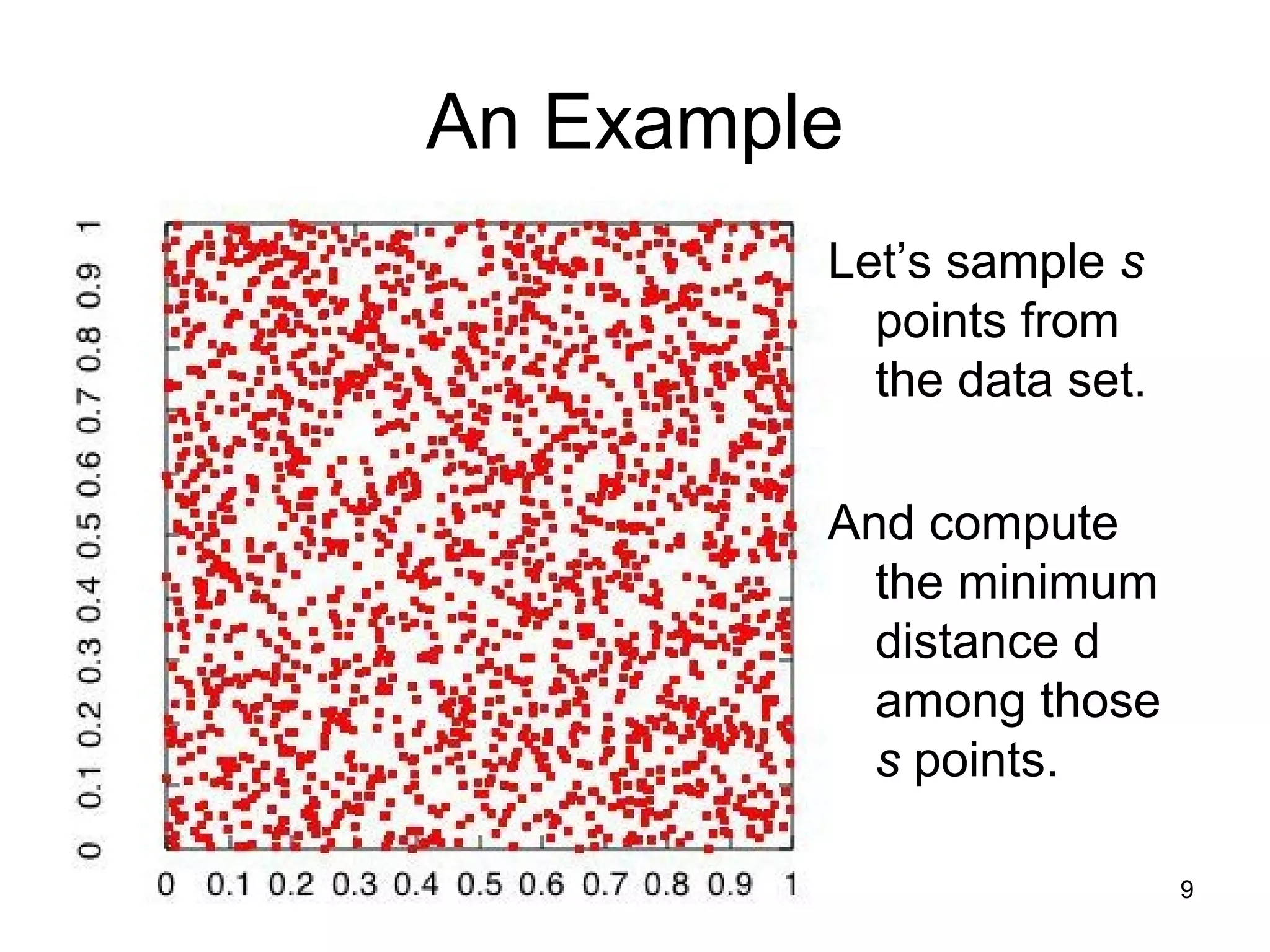 9
An Example
Let’s sample s
points from
the data set.
And compute
the minimum
distance d
among those
s points.
 