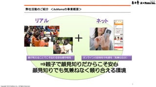 Copyright	2014	AsMama	Inc,.	All	Rights	Reserved.	
弊社活動のご紹介　＜AsMamaの事業概要＞	
顔が見えることでこそ伝わる安心感や相性 オンラインの即時性や利便性（気兼ねなさ）
＋
⇒親子で顔見知りだからこそ安心
顔見知りでも気兼ねなく頼り合える環境
3	
 