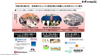 Copyright	2014	AsMama	Inc,.	All	Rights	Reserved.	
今後の取り組み②：　各地域のコミュニティ保有企業との協働による共助コミュニティ創生	
■パートナー企業ニーズと親子ニーズに合わせた多様な親子交流のリアルな場を全国で800回以上開催。	
共
助
創
生
事
業
	
女性の就労支援マンション・分譲地内の共助 学童・習い事の保護者間共助
↑　リアルとオンラインの両輪で子育てシェアの利用を促進し、コミュニティの課題解決や価値向上　（年間60万円～）　↑	
マンションや分譲地と協働した
共助のある住まいづくり
習い事、学童と連携した
保護者間共助の創生	
企業人事と連携した
就労支援プロジェクト	
 
