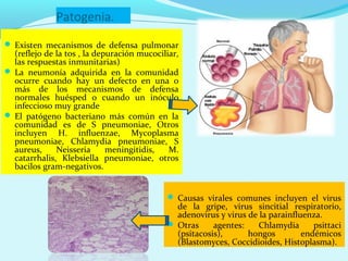 Patogenia.
 Existen mecanismos de defensa pulmonar
  (reflejo de la tos , la depuración mucociliar,
  las respuestas inmunitarias)
 La neumonía adquirida en la comunidad
  ocurre cuando hay un defecto en una o
  más de los mecanismos de defensa
  normales huésped o cuando un inóculo
  infeccioso muy grande
 El patógeno bacteriano más común en la
  comunidad es de S pneumoniae, Otros
  incluyen H. influenzae, Mycoplasma
  pneumoniae, Chlamydia pneumoniae, S
  aureus,     Neisseria      meningitidis,   M.
  catarrhalis, Klebsiella pneumoniae, otros
  bacilos gram-negativos.


                                             Causas virales comunes incluyen el virus
                                              de la gripe, virus sincitial respiratorio,
                                              adenovirus y virus de la parainfluenza.
                                             Otras     agentes:    Chlamydia      psittaci
                                              (psitacosis),      hongos         endémicos
                                              (Blastomyces, Coccidioides, Histoplasma).
 