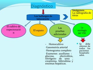 Diagnóstico
                                                      Imágenes.
                                                      La radiografía de
                 Los hallazgos de                     tórax
                   laboratorio.


El cultivo de                                                La
                                        Las
expectoració     El esputo                                serología
                                     pruebas
      n                                                    del VIH
                                    adicionales


                             - Hemocultivo                 Se    debe
                             -Gasometría arterial           obtener de
                                                            todos los
                             -Hemograma completo            pacientes
                             -Examenes auxiliares :         hospitaliz
                             glucosa,     electrolitos,     ados.
                             nitrógeno de urea ,
                             creatinina, bilirrubina y
                             enzimas hepáticas.
 