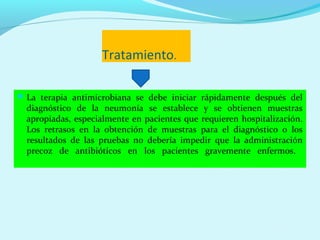 Tratamiento.

 La terapia antimicrobiana se debe iniciar rápidamente después del
  diagnóstico de la neumonía se establece y se obtienen muestras
  apropiadas, especialmente en pacientes que requieren hospitalización.
  Los retrasos en la obtención de muestras para el diagnóstico o los
  resultados de las pruebas no debería impedir que la administración
  precoz de antibióticos en los pacientes gravemente enfermos.
 