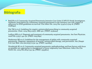 Bibliografia

  Bodi M et al; Community-Acquired Pneumonia Intensive Care Units (CAPUCI) Study Investigators.
    Antibiotic prescription for community-acquired pneumonia in the intensive care unit: impact of
    adherence to IDSA guidelines on survival. Clin Infect Dis. 2005 Dec 15;41(12):1709–16. [PMID:
    16288392]
    File TM Jr et al. Guidelines for empiric antimicrobial prescribing in community-acquired
    pneumonia. Chest. 2004 May;125(5): 1888–901. [PMID: 15136404]
    Lutfiyya MN et al. Diagnosis and treatment of community-acquired pneumonia. Am Fam Physician.
    2006 Feb 1;73(3): 442–50. [PMID: 16477891]
    Niederman MS et al. Guidelines for the management of adults with community-acquired
    pneumonia. Diagnosis, assessment of severity, antimicrobial therapy, and prevention. Am J Respir
    Crit Care Med. 2001 Jun;163(7):1730–54. [PMID: 11401897]
    Wunderink RG et al. Community-acquired pneumonia: pathophysiology and host factors with focus
    on possible new approaches to management of lower respiratory tract infections. Infect Dis Clin
    North Am. 2004 Dec;18(4):743–59. [PMID: 15555822]
 