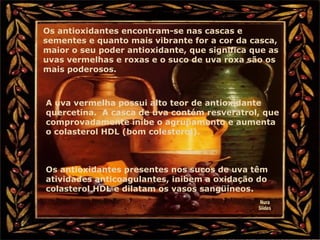 Os antioxidantes encontram-se nas cascas e
sementes e quanto mais vibrante for a cor da casca,
maior o seu poder antioxidante, que significa que as
uvas vermelhas e roxas e o suco de uva roxa são os
mais poderosos.
A uva vermelha possui alto teor de antioxidante
quercetina. A casca de uva contém resveratrol, que
comprovadamente inibe o agrupamento e aumenta
o colasterol HDL (bom colesterol).
Os antioxidantes presentes nos sucos de uva têm
atividades anticoagulantes, inibem a oxidação do
colasterol HDL e dilatam os vasos sangüíneos.
 