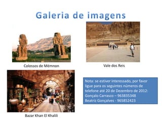 Colossos de Mémnon                 Vale dos Reis


                        Nota: se estiver interessado, por favor
                        ligue para os seguintes números de
                        telefone até 20 de Dezembro de 2012:
                        Gonçalo Carrasco – 963835348
                        Beatriz Gonçalves - 965852423


Bazar Khan El Khalili
 