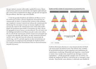 102
dos que rejeitam consome saldo médio e goodwill da marca. Quem
já presenciou conversas em mesas de bar com alguém explicando por
que a marca X de cerveja dá dor de cabeça e por que não tem água de
boa procedência, sabe bem o que estou falando.
•	Um dos grandes benefícios da Auditoria de Marca é servir
de critério para avaliar a eficácia líquida dos investimentos em
comunicação na marca. A natureza das variáveis e dos atributos
que compõem o sistema é sensível aos esforços de comunicação de
marketing. Em uma época em que os sistemas rígidos de remu-
neração das empresas de comunicação estão sendo rediscutidos,
dispor de ferramentas para medir o incremento de valor e de po-
der agregado às marcas passa a ser providencial. Por tal razão, essa
metodologia da Auditoria de Marca tem sido usada como indica-
dor no cálculo de remuneração variável. O processo pressupõe que
o sistema seja aplicado, pelo menos, em dois momentos distintos:
no D.0, isto é, antes do início do esforço de comunicação de
marketing, e no D.1, período seguinte ao dos investimentos em
comunicação. A comparação das pirâmides de Auditoria D.0 e
D.1 revela a eficácia dos investimentos feitos no desenvolvimento
do poder da marca.
Auditoria de Marca (análise de evolução histórica do período D.0 ao D.1)
C1 C2
C3 C4
Cliente
C1, C2... = Concorrentes
D.0 D.1
C1 C2
C3 C4
Cliente
∆ Cliente =D.1-D.0
A última observação relaciona-se a uma situação peculiar do Brasil
e de outros países da América Latina. Nos últimos anos, medidas
de top-of-mind tornaram-se muito populares entre profissionais de
comunicação e marketing. Alimentado pela imprensa, o top-of-mind
é, muitas vezes, tratado como um prêmio que distingue as marcas
“ganhadoras” – atitude precipitada e perigosa. Em tal cenário, esse
modelo de Auditoria de Marca é uma forma de se contrapor a essas
atitudes. Top-of-mind, como sabemos, é sobretudo uma medida da
 