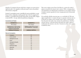108
daquelas 14 categorias haviam sido feitas compras na recente ida ao
supermercado e, em seguida, verificamos qual a marca de produto
efetivamente comprada.
Eureka! A convergência entre o portfólio de marcas preferidas e as que
foram de fato compradas é muito grande. Em 11 das 14 categorias de
produto, a convergência foi de pelo menos 65%; em duas delas, chegou
a mais de 80% – ou seja, índices de preferência eloquentes.
Características do Projeto
MOMENTO 1 MOMENTO 2
Pré-compra Pós-compra
Identificamos as duas marcas
preferidas para cada uma das
categorias apresentadas
Medimos quais marcas foram
EFETIVAMENTE compradas
ENERGIA POTENCIAL ENERGIA CINÉTICA
Índice de Convergência
Categoria IC
Creme dental 83
Detergente em pó 81
Arroz 77
Detergente líquido 73
Margarina 72
Farinha de trigo 72
Macarrão 71
Biscoito 70
Não existe mágica nessa Física das Marcas: o ponto de venda é
apenas um ponto de contato com a marca. Nele, a energia poten-
cial (preferência ou idealização) transforma-se em energia cinética
(compra) somente quando já existe energia potencial armazenada
na marca.
Os resultados obtidos mostram que, se o resultado de 70% tem
algum significado, é o oposto do que se costuma comentar por aí.
A decisão de compra estava tomada antes! Toda a comunicação
fora do ponto de venda criou sistemas de preferências e idealiza-
ção por marcas. A decisão dentro do ponto de venda é apenas a
reafirmação do romance com elas. Casamos no altar, mas a noiva,
escolhemos antes.
 