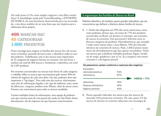 132
Até onde posso ir? Ou como ampliar negócios e não diluir minha
força? A metodologia usada pela TroianoBranding, a ENTROPIA
DE MARCA, foi uma ferramenta desenvolvida para esta necessida-
de, e não deixa também de ser uma fonte que nos inspirou para a
elaboração deste projeto.
468 MARCAS B2C
45 CATEGORIAS
1.695 PRODUTOS
Nossa estratégia para mapear as famílias das marcas foi a de recons-
tituir as famílias, partindo da marca mãe, e identificar todos os seus
descendentes. Trabalhamos com as dez marcas mais importantes
de 45 categorias de negócios business-to-consumer. Isto nos levou a
analisar um total de 468 marcas e, finalmente, a identificar um total
de 1.695 produtos.
Por estarmos concentrados nas marcas mais fortes de cada categoria,
o trabalho reflete as marcas que movimentam pelo menos 90% do
volume de negócios de cada uma delas. Ou seja, podemos dizer que
mapeamos a “big league”. Para cada uma das marcas, relacionamos
uma série de informações ligadas a ela: tipo de indústria, setor, nome
do fabricante, categoria, produto-mãe, filhotes, além de outras coisas.
Fizemos esse rastreamento para todas as marcas estudadas.
Usamos múltiplas fontes de informações: uma equipe de profissio-
nais que rastreou mais de cem pontos-de-venda em São Paulo, fontes
documentais, site de empresas em que fuçamos exaustivamente.
A organização das Famílias de Marcas no Brasil
Podemos identificar, de imediato, quatro grandes indicadores, que são
características que definem a dinâmica destas famílias de marcas.
1.	 1. Ainda não chegamos aos 95% dos norte-americanos, entre-
tanto podemos afirmar que, em torno de 77% dos produtos
encontrados no Brasil, em business-to-consumer, são extensões
de marcas já existentes. Este percentual é diferente entre as
diversas categorias de produtos. Eletrodomésticos, por exemplo,
é onde temos menos mães e mais filhotes. 93% dos eletrodo-
mésticos são extensões de marcas. Hoje, é difícil pensar numa
marca de eletrodomésticos que faça apenas um produto. Todas
são marcas que trabalham múltiplos produtos; fogões, lavado-
ras de roupa, geladeiras e por aí vai. Já a categoria com menos
extensões é a de higiene pessoal.
Os patameres variam conforme a natureza dos negócios
Exemplos:
eletrodomésticos 93%
eletrônicos 87%
MÉDIA = 77%
alimentos 76%
limpeza doméstica 69%
higiene pessoal 64%
2.	 Nosso segundo indicador nos mostra que das marcas do
mercado, 64% promovem extensões. Ou seja, quase 2/3 das
marcas de business-to-consumer adotaram essa estratégia de
 