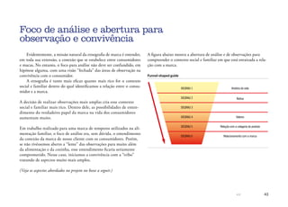 43
Foco de análise e abertura para
observação e convivência
Evidentemente, a missão natural da etnografia de marca é entender,
em toda sua extensão, a conexão que se estabelece entre consumidores
e macas. No entanto, o foco para análise não deve ser confundido, em
hipótese alguma, com uma visão “fechada” das áreas de observação na
convivência com o consumidor.
A etnografia é tanto mais eficaz quanto mais rico for o contexto
social e familiar dentro do qual identificamos a relação entre o consu-
midor e a marca.
A decisão de realizar observações mais amplas cria esse contexto
social e familiar mais rico. Dentro dele, as possibilidades de enten-
dimento do verdadeiro papel da marca na vida dos consumidores
aumentam muito.
Em trabalho realizado para uma marca de temperos utilizados na ali-
mentação familiar, o foco de análise era, sem dúvida, o entendimento
da conexão da marca de nosso cliente com os consumidores. Porém,
se não tivéssemos aberto a “lente” das observações para muito além
da alimentação e da cozinha, esse entendimento ficaria seriamente
comprometido. Nesse caso, iniciamos a convivência com a “tribo”
tratando de aspectos muito mais amplos.
(Veja os aspectos abordados no projeto no boxe a seguir.)
A figura abaixo mostra a abertura de análise e de observações para
compreender o contexto social e familiar em que está enraizada a rela-
ção com a marca.
Funnel-shaped guide
DEGRAU 1 História de vida
Rotina
Valores
Relação com a categoria do produto
Relacionamento com a marca
DEGRAU 2
DEGRAU 3
DEGRAU 4
DEGRAU 5
DEGRAU 6
Exemplo de trabalho que
 