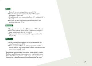 67
Nato:
•	É o perfil que mais se capacita com cursos (49%).
•	É o que mais “aposta” na atividade empreendedora para
desenvolver o país (35%).
•	Mais balanceado entre homens e mulheres (51% mulheres e 49%
homens).
•	É o perfil que mais tem interesse em abrir um negócio nos
próximos cinco anos (79%).
Herdeiro:
•	É o segmento mais masculino (53% homens e 47% mulheres).
•	Pouco mais velho do que os outros – concentração um pouco
maior na faixa etária entre 50 e 64 (30%).
•	Segmento com maior concentração de empreendedores “de
fato” (12%).
Idealista:
•	Maior concentração de solteiros (43%) e de pessoas que não
trabalham atualmente (22%).
•	Entre os empreendedores, são os mais experientes – tendem a
estar no ramo há mais tempo do que a média (70% abriram a sua
empresa entre seis a 21 anos).
Faço questão de registrar aqui um especial agradecimento à Equipe
Endeavor, que foi nossa permanente parceira e inspiradora nesse tra-
balho. E também cumprimentá-la pelo importante compromisso que
mantém com o desenvolvimento do empreendedorismo no Brasil.
 