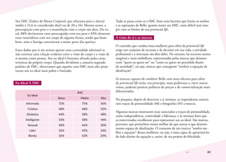 80
Seu IMC (Índice de Massa Corporal, que relaciona peso e altura)
médio é 21,6 (o considerado ideal vai de 20 a 24). Mesmo assim, a
preocupação com peso e a insatisfação com o corpo são altas. Do to-
tal, 88% declararam estar preocupadas com seu peso e 83% disseram
estar insatisfeitas com seu corpo de alguma forma, sendo que bum-
bum, seios e barriga concentram a maior parte das queixas.
Esses dados por si sós seriam apenas uma curiosidade adicional se
não existisse uma relação evidente entre a visão do corpo e a visão de
si mesma como pessoa. Seu eu ideal é bastante afetado pelas carac-
terísticas do próprio corpo. Quando dividimos a amostra segundo
padrões de IMC, observamos que aquelas com IMC mais alto proje-
taram um eu ideal mais pobre e limitado.
Eu Ideal X IMC
Eu Ideal
IMC
Baixo Médio Alto
Informada 72% 75% 56%
Criativa 68% 68% 52%
Dinâmica 64% 58% 48%
Inteligente 53% 58% 44%
Sensual 40% 46% 20%
Líder 32% 45% 24%
Bonita 36% 42% 24%
Tudo se passa como se o IMC fosse uma barreira que limita os sonhos
e as aspirações de Belle: quanto maior seu IMC, mais difícil será rom-
per com os limites de sua provincial life.
A visão de si e as marcas
O caminho que conduz essas mulheres para além da provincial life
exige um conjunto de recursos e de decisões em sua vida; a atividade
profissional e a instrução são dois deles. No entanto, há recursos menos
tangíveis e mais simbólicos, representados pelas marcas que demons-
tram “quem eu quero ser” ou “como eu quero ser percebida diante
da sociedade”, ou seja, marcas que conseguem “resolver a equação da
idealização”.
As marcas capazes de conduzir Belle com mais eficazes para além
da provincial life serão, em princípio, mais poderosas e, entre outras
coisas, poderão praticar políticas de preços e de comercialização mais
diferenciadas.
Na pesquisa, depois de descrever a si mesmas, as respondentes associa-
ram traços de personalidade (48) e fotografias (45) a marcas.
Algumas marcas mostraram estar associadas a traços de personalidade,
como independência, criatividade e liderança, e às mesmas fotos que
as entrevistadas escolheram para representar seu eu ideal. São marcas,
portanto, que preenchem muito melhor do que outras o que denomi-
namos espaço de idealização. O consumo de tais marcas “resolve me-
lhor a equação” dessas mulheres, ou seja, é mais capaz de aproximá-las
do lado direito da equação e, assim, de seu projeto de felicidade.
 